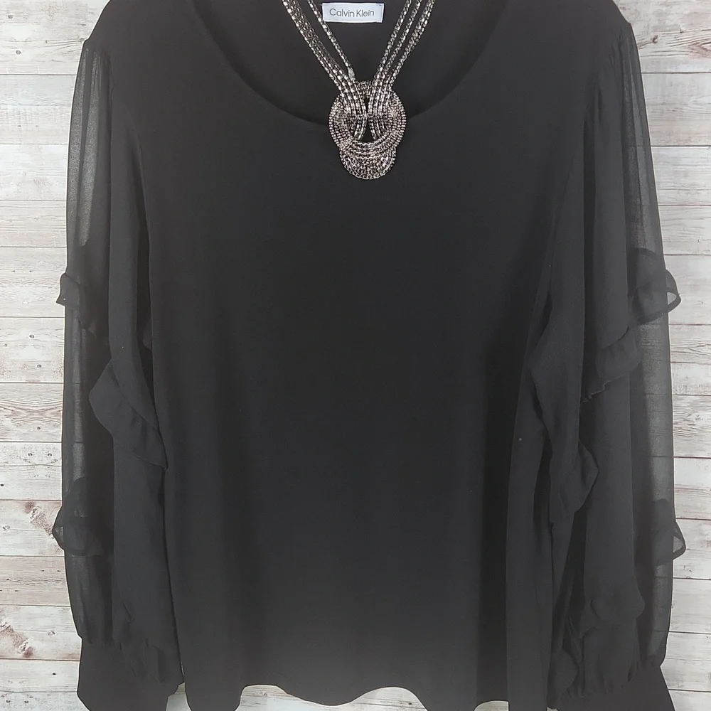 Calvin Klein, Women's Black Tunic Top With Sheer Ballon Long Sleeves and Cuffs. - Picture 2 of 11